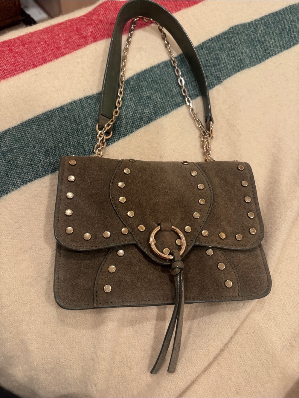 Zara Studded Suede Shoulder Bag - Olive Green